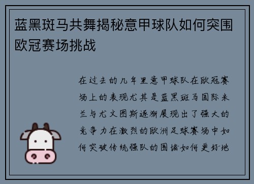 蓝黑斑马共舞揭秘意甲球队如何突围欧冠赛场挑战
